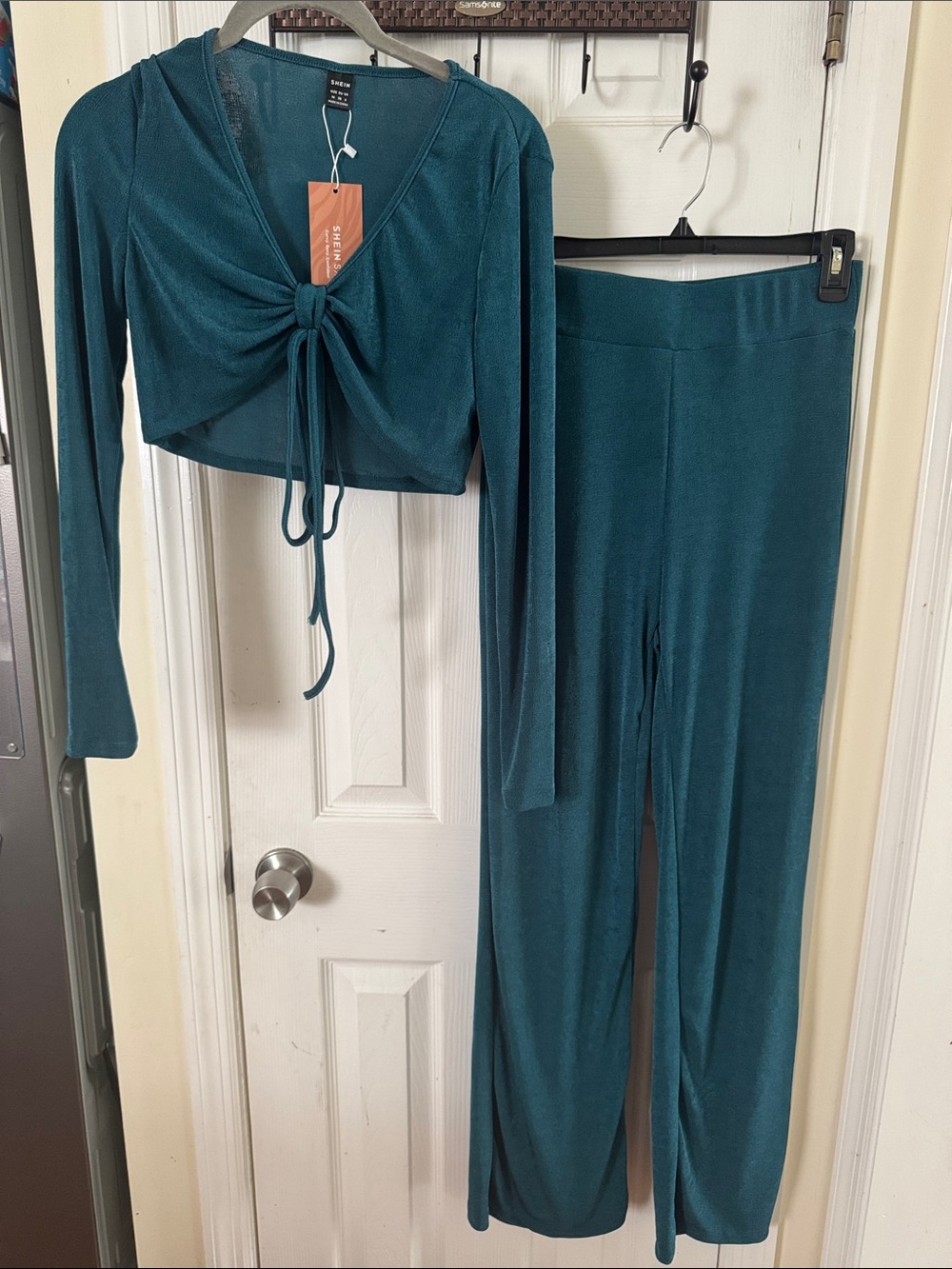 SHEIN Teal V-Neck Front Knot Top